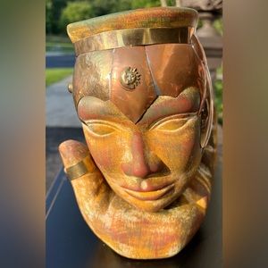 Rare Terracotta and Copper Sculpture Base Decor, Head resting on a Palm.